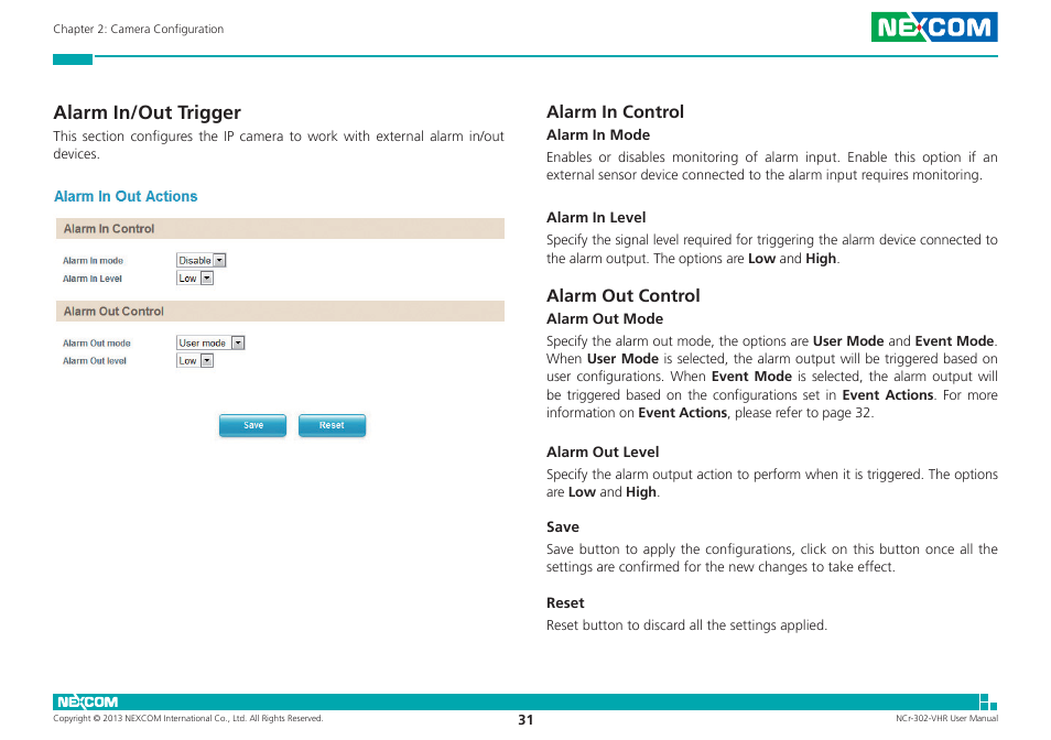 Alarm in/out trigger, Alarm in control, Alarm out control | Alarm in control alarm out control | NEXCOM NCr-302-VHR User Manual | Page 41 / 66