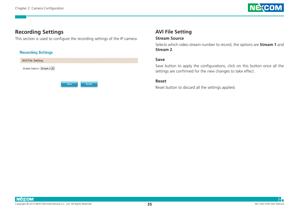 Recording settings, Avi file setting | NEXCOM NCr-302-VHR User Manual | Page 45 / 66