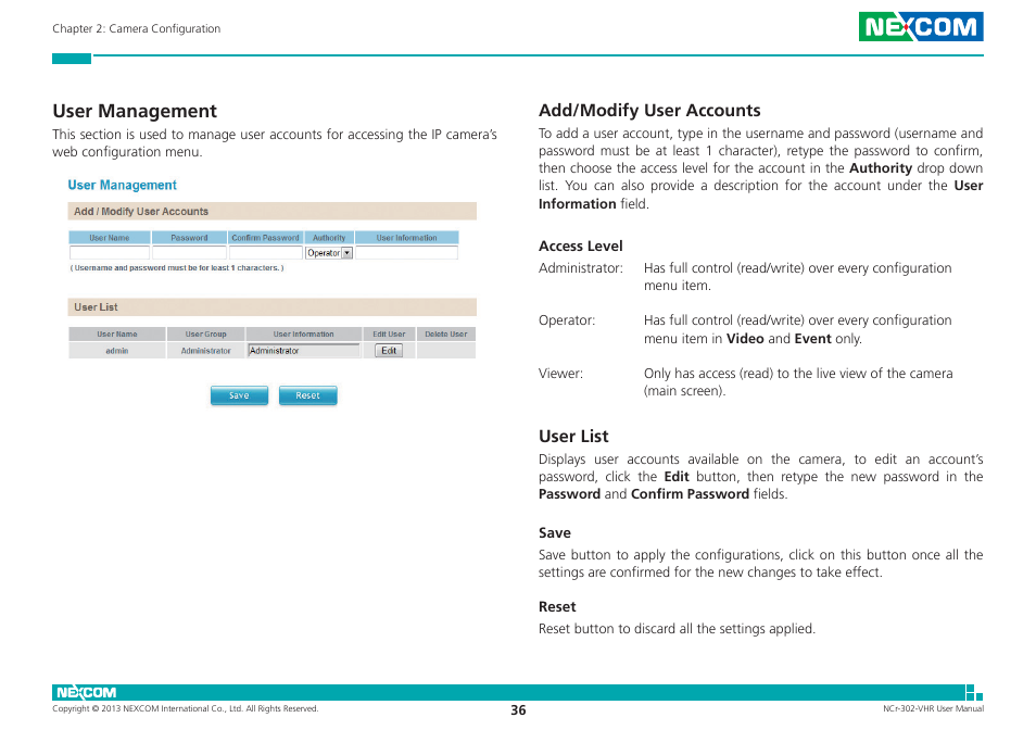 User management, Add/modify user accounts, User list | Add/modify user accounts user list | NEXCOM NCr-302-VHR User Manual | Page 46 / 66