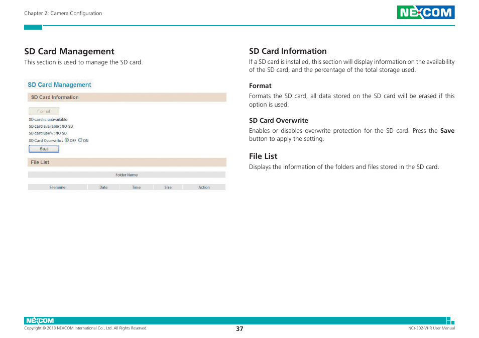 Sd card management, Sd card information, File list | Sd card information file list | NEXCOM NCr-302-VHR User Manual | Page 47 / 66