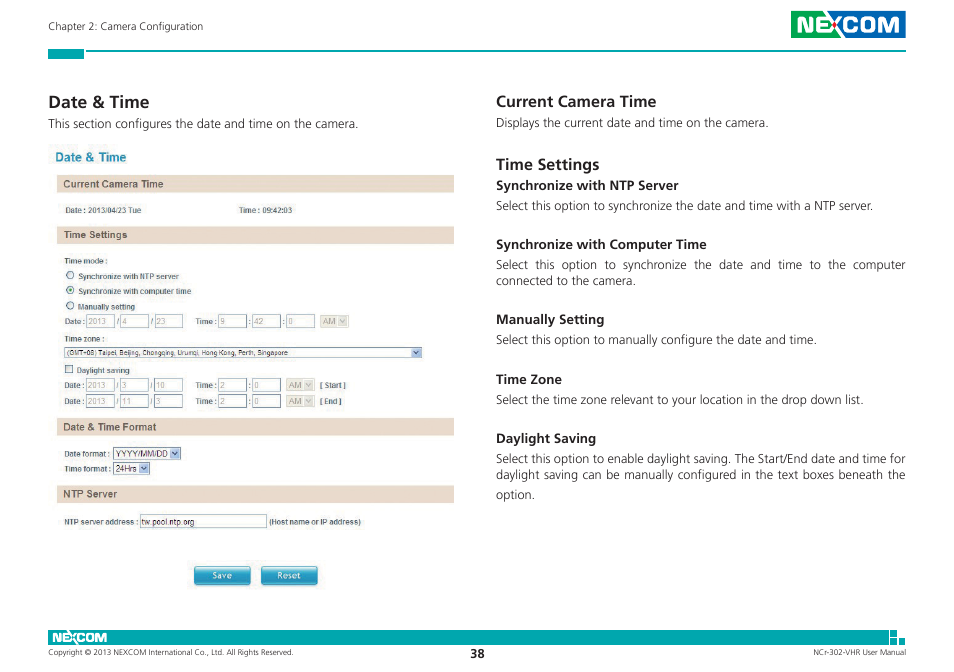 Date & time, Current camera time, Time settings | NEXCOM NCr-302-VHR User Manual | Page 48 / 66