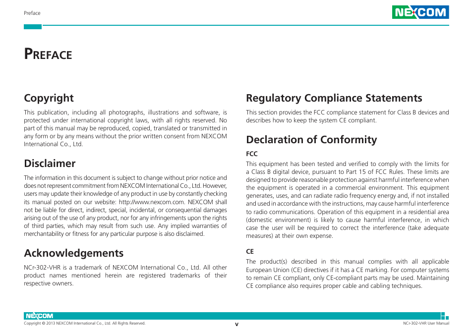 Preface, Copyright, Disclaimer | Acknowledgements, Regulatory compliance statements, Declaration of conformity, Reface | NEXCOM NCr-302-VHR User Manual | Page 5 / 66