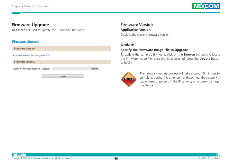 Firmware upgrade, Firmware version, Update | Firmware version update | NEXCOM NCr-302-VHR User Manual | Page 50 / 66
