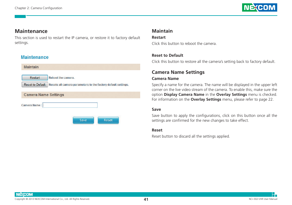 Maintenance, Maintain, Camera name settings | Maintain camera name settings | NEXCOM NCr-302-VHR User Manual | Page 51 / 66
