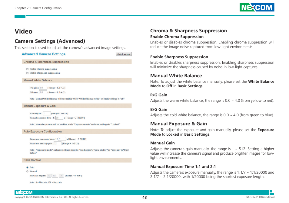 Video, Camera settings (advanced), Chroma & sharpness suppression | Manual white balance, Manual exposure & gain | NEXCOM NCr-302-VHR User Manual | Page 53 / 66