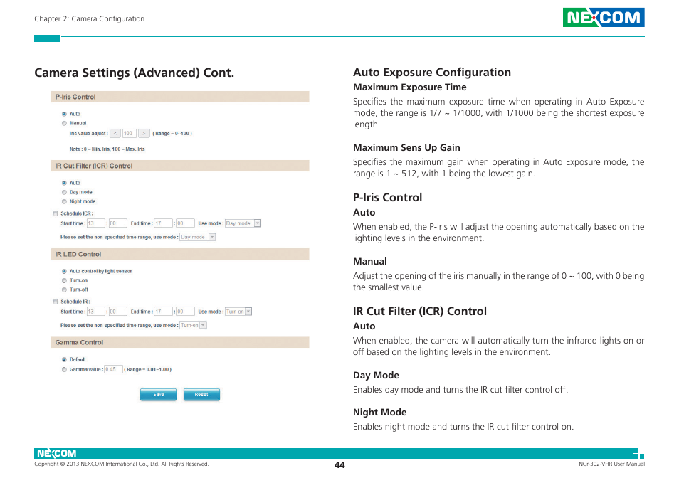 Camera settings (advanced) cont, Auto exposure configuration, P-iris control | Ir cut filter (icr) control | NEXCOM NCr-302-VHR User Manual | Page 54 / 66