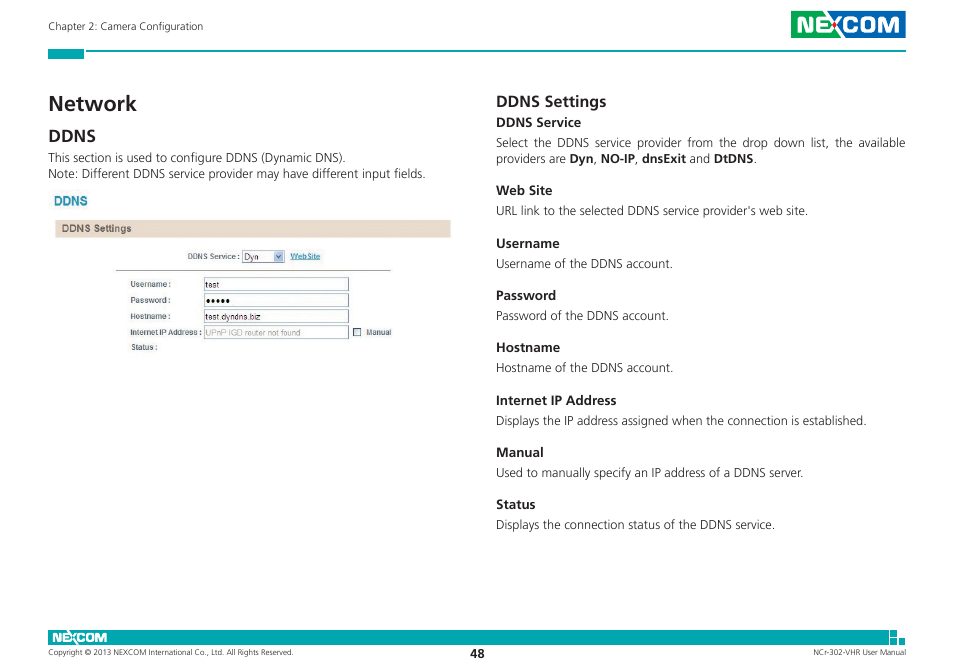 Network, Ddns, Ddns settings | NEXCOM NCr-302-VHR User Manual | Page 58 / 66