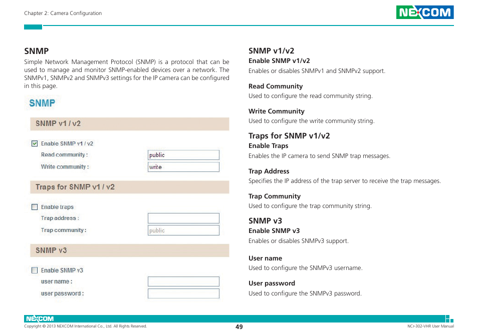 Snmp, Snmp v1/v2, Traps for snmp v1/v2 | Snmp v3, Snmp v1/v2 traps for snmp v1/v2 snmp v3 | NEXCOM NCr-302-VHR User Manual | Page 59 / 66
