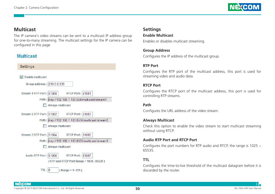 Multicast, Settings | NEXCOM NCr-302-VHR User Manual | Page 60 / 66
