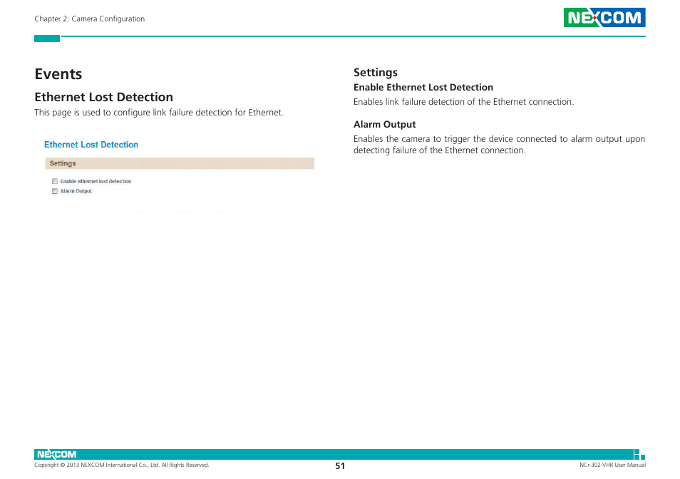 Events, Ethernet lost detection, Settings | NEXCOM NCr-302-VHR User Manual | Page 61 / 66