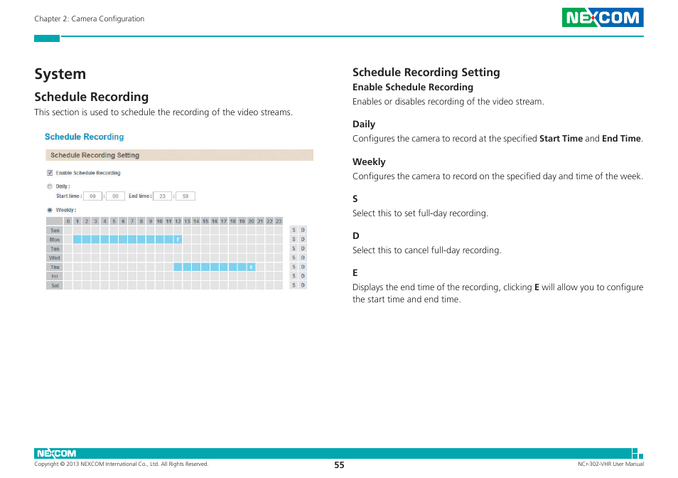 System, Schedule recording, Schedule recording setting | NEXCOM NCr-302-VHR User Manual | Page 65 / 66