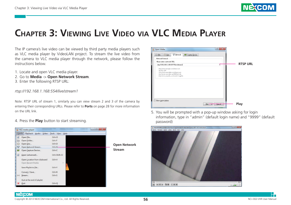 Chapter 3: viewing live video via vlc media player, Vlc m | NEXCOM NCr-302-VHR User Manual | Page 66 / 66