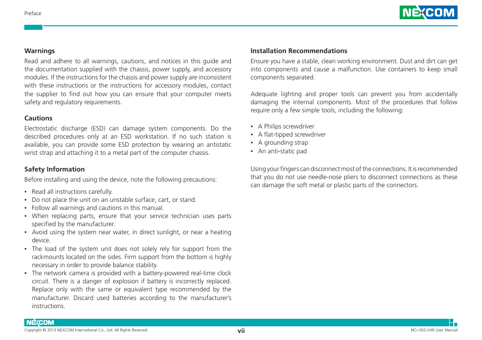 Safety information, Installation recommendations | NEXCOM NCr-302-VHR User Manual | Page 7 / 66