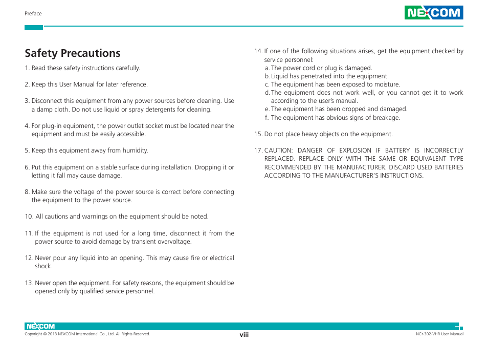Safety precautions | NEXCOM NCr-302-VHR User Manual | Page 8 / 66