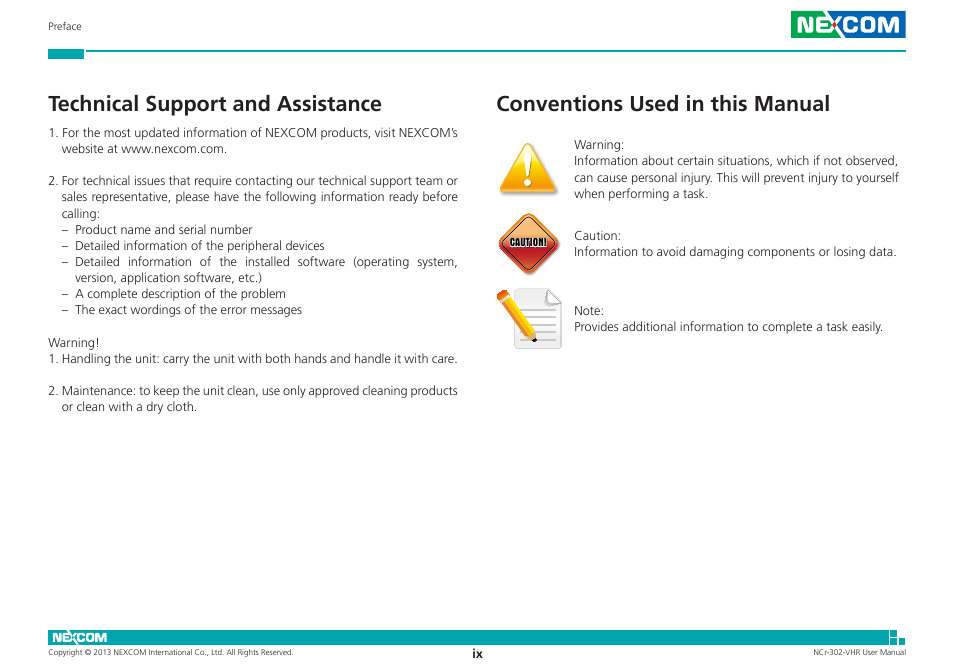 Technical support and assistance, Conventions used in this manual | NEXCOM NCr-302-VHR User Manual | Page 9 / 66