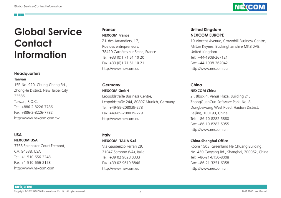 Global service contact information | NEXCOM NViS 2280 User Manual | Page 10 / 98