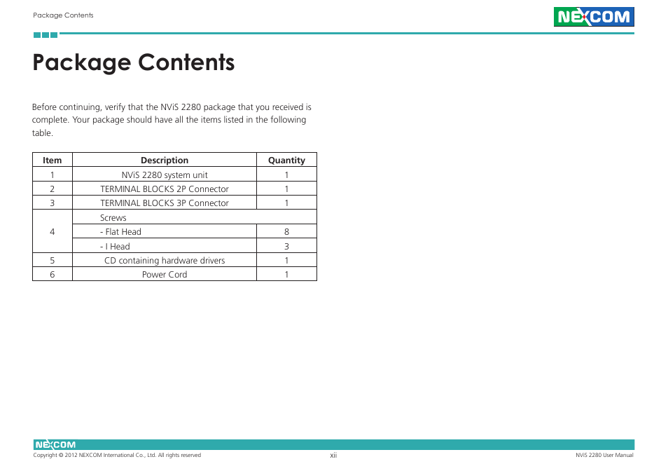 Package contents | NEXCOM NViS 2280 User Manual | Page 12 / 98