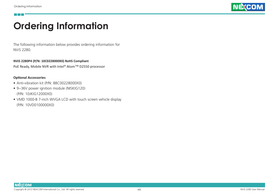 Ordering information | NEXCOM NViS 2280 User Manual | Page 13 / 98