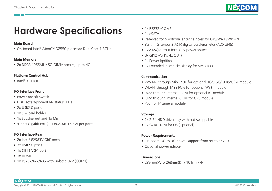 Hardware specifications | NEXCOM NViS 2280 User Manual | Page 15 / 98