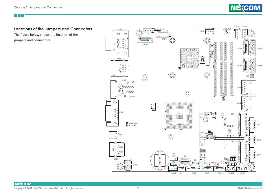 Locations of the jumpers and connectors | NEXCOM NViS 2280 User Manual | Page 24 / 98