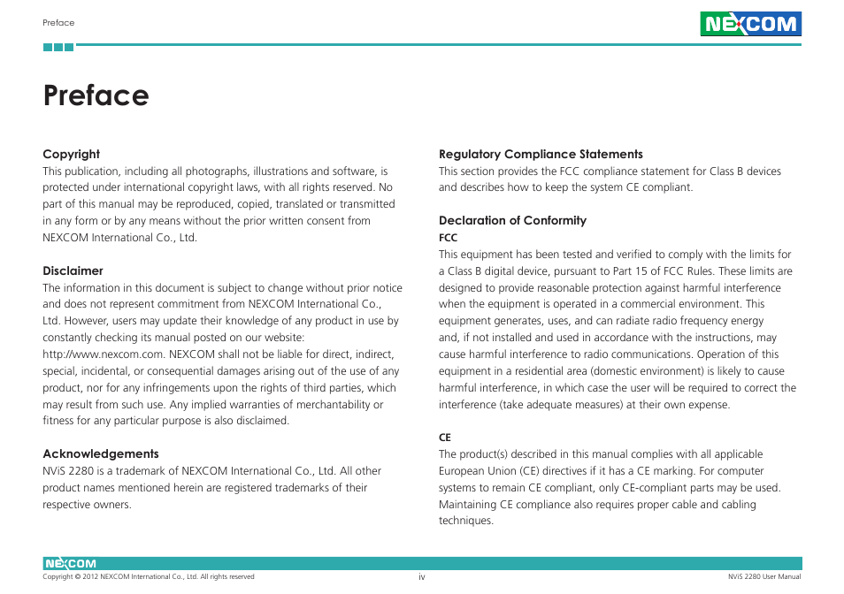 Preface | NEXCOM NViS 2280 User Manual | Page 4 / 98