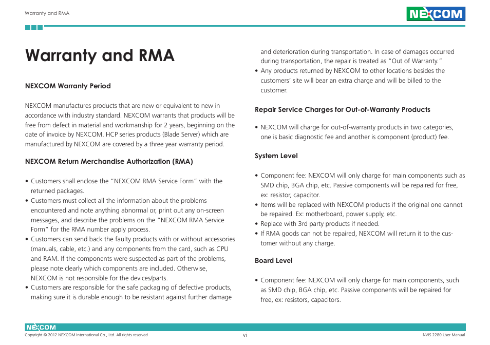 Warranty and rma | NEXCOM NViS 2280 User Manual | Page 6 / 98