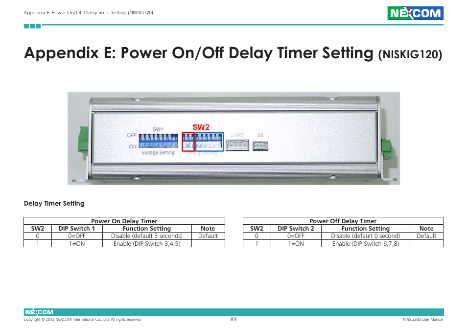 Appendix e: power on/off delay timer setting, Niskig120) | NEXCOM NViS 2280 User Manual | Page 96 / 98