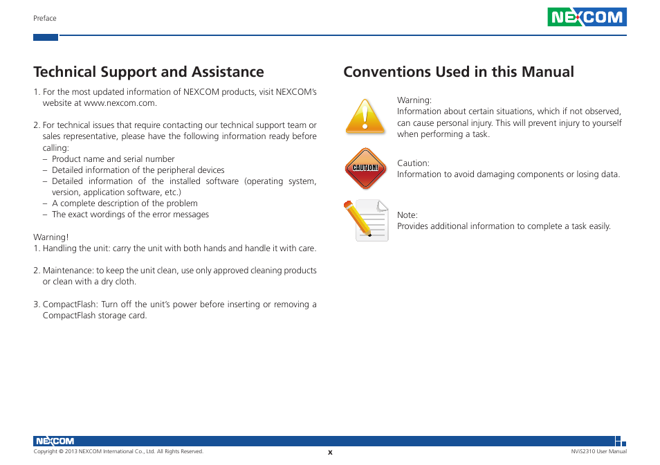 Conventions used in this manual, Technical support and assistance | NEXCOM NViS 2310 User Manual | Page 10 / 105