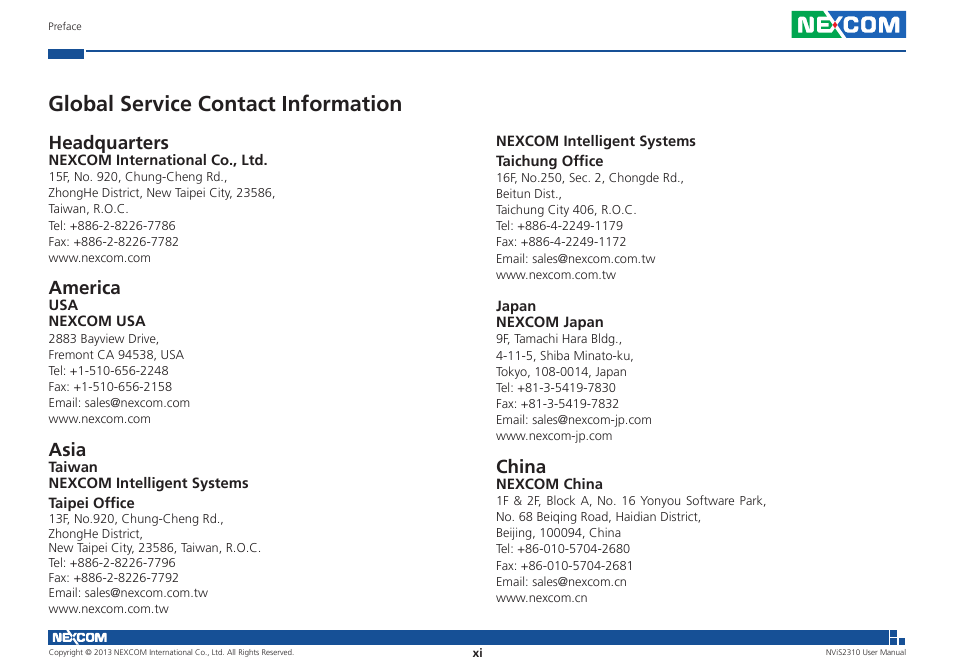 Global service contact information, Headquarters, America | Asia, China | NEXCOM NViS 2310 User Manual | Page 11 / 105