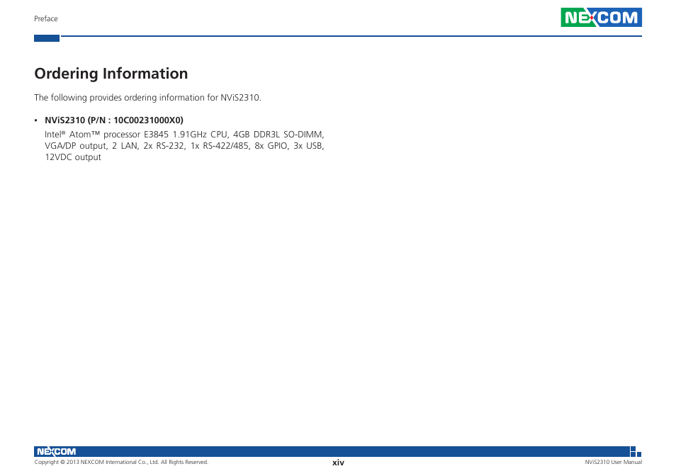 Ordering information | NEXCOM NViS 2310 User Manual | Page 14 / 105