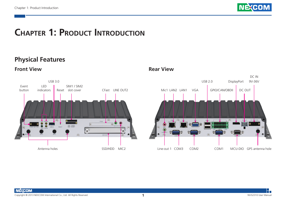 Hapter, Roduct, Ntroduction | Physical features, Front view, Rear view | NEXCOM NViS 2310 User Manual | Page 15 / 105