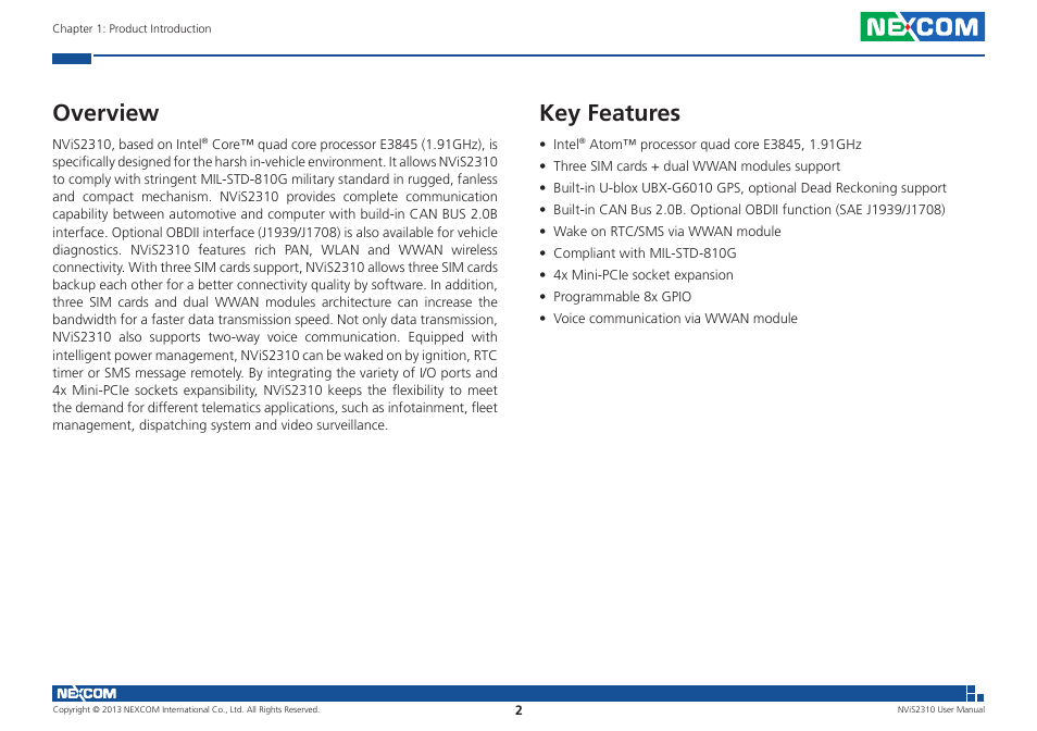 Overview, Key features | NEXCOM NViS 2310 User Manual | Page 16 / 105