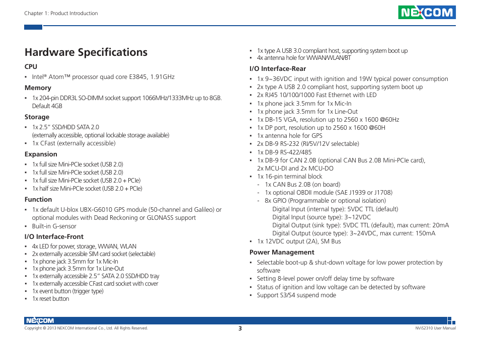 Hardware specifications | NEXCOM NViS 2310 User Manual | Page 17 / 105