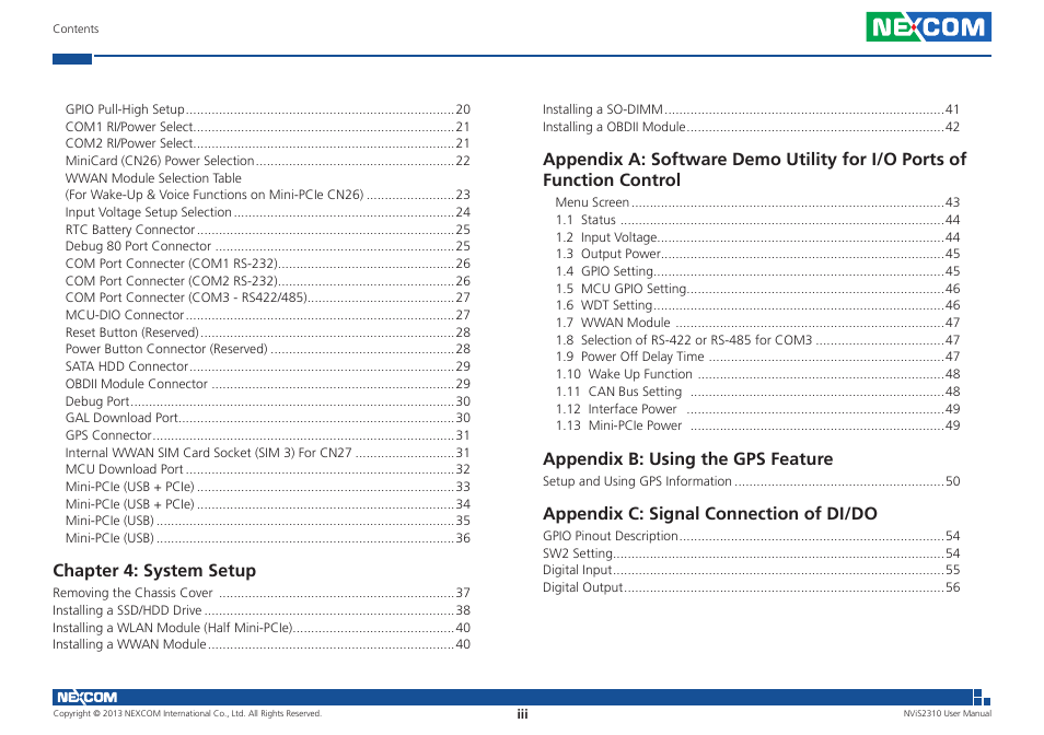 Chapter 4: system setup, Appendix b: using the gps feature, Appendix c: signal connection of di/do | NEXCOM NViS 2310 User Manual | Page 3 / 105