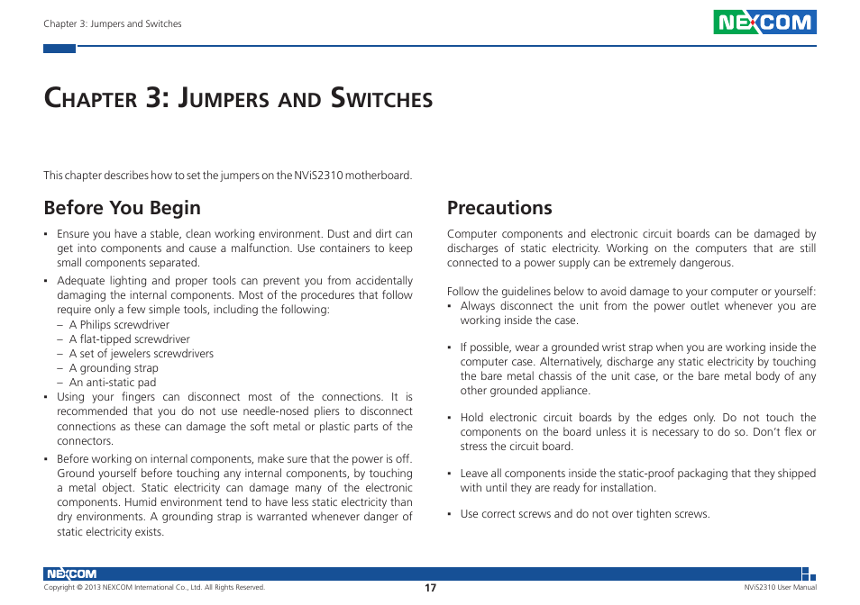 Hapter, Umpers, Witches | Before you begin, Precautions | NEXCOM NViS 2310 User Manual | Page 31 / 105