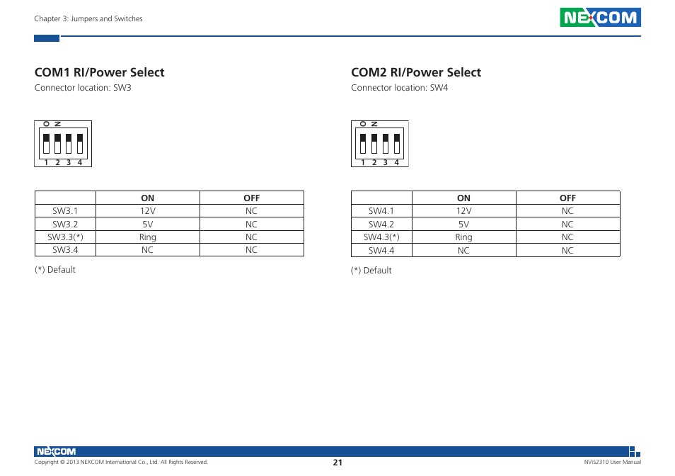 Com1 ri/power select, Com2 ri/power select | NEXCOM NViS 2310 User Manual | Page 35 / 105