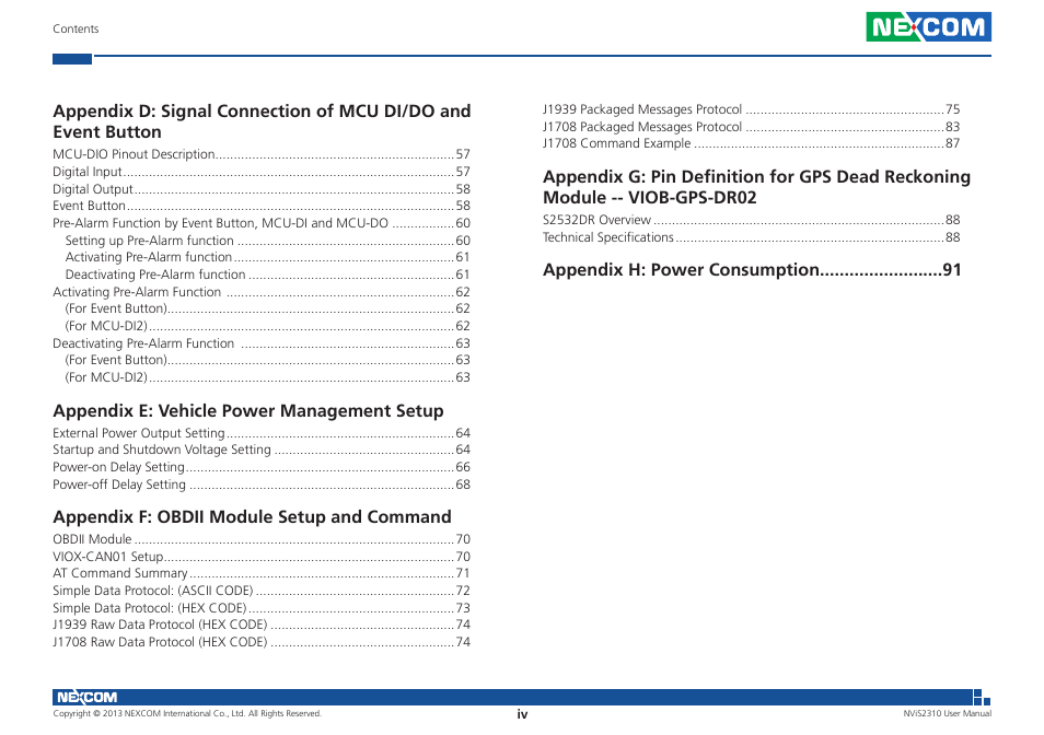 Appendix e: vehicle power management setup, Appendix f: obdii module setup and command, Appendix h: power consumption | NEXCOM NViS 2310 User Manual | Page 4 / 105