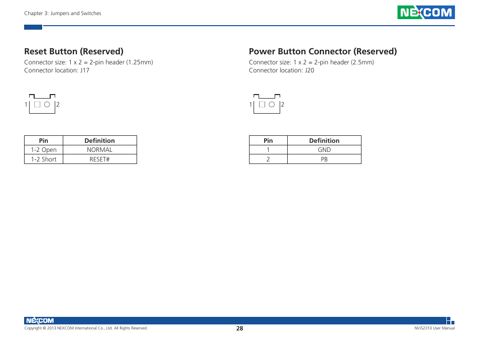 Reset button (reserved), Power button connector (reserved) | NEXCOM NViS 2310 User Manual | Page 42 / 105