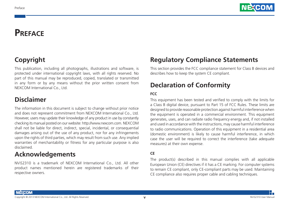 Reface, Regulatory compliance statements, Declaration of conformity | Copyright, Disclaimer, Acknowledgements | NEXCOM NViS 2310 User Manual | Page 5 / 105