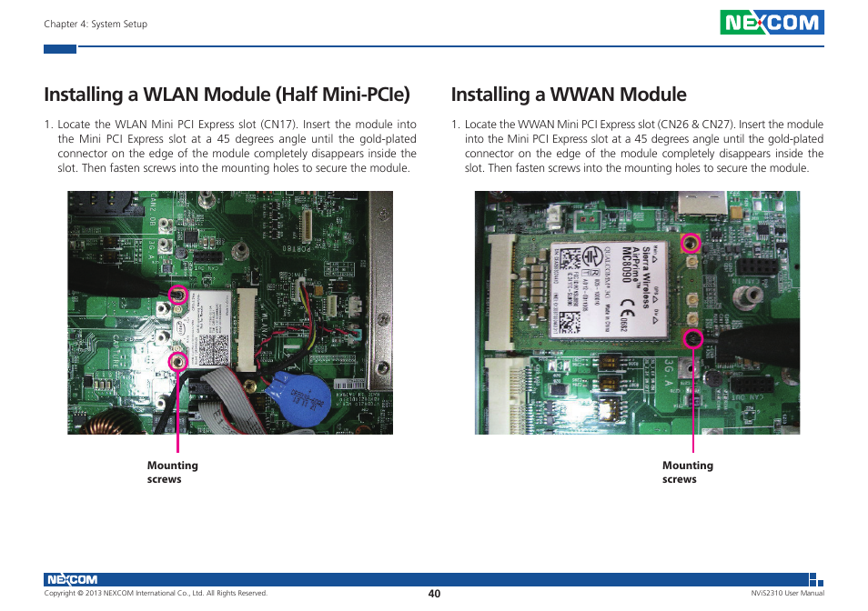 Installing a wlan module (half mini-pcie), Installing a wwan module | NEXCOM NViS 2310 User Manual | Page 54 / 105