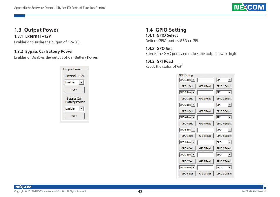 3 output power, 4 gpio setting | NEXCOM NViS 2310 User Manual | Page 59 / 105