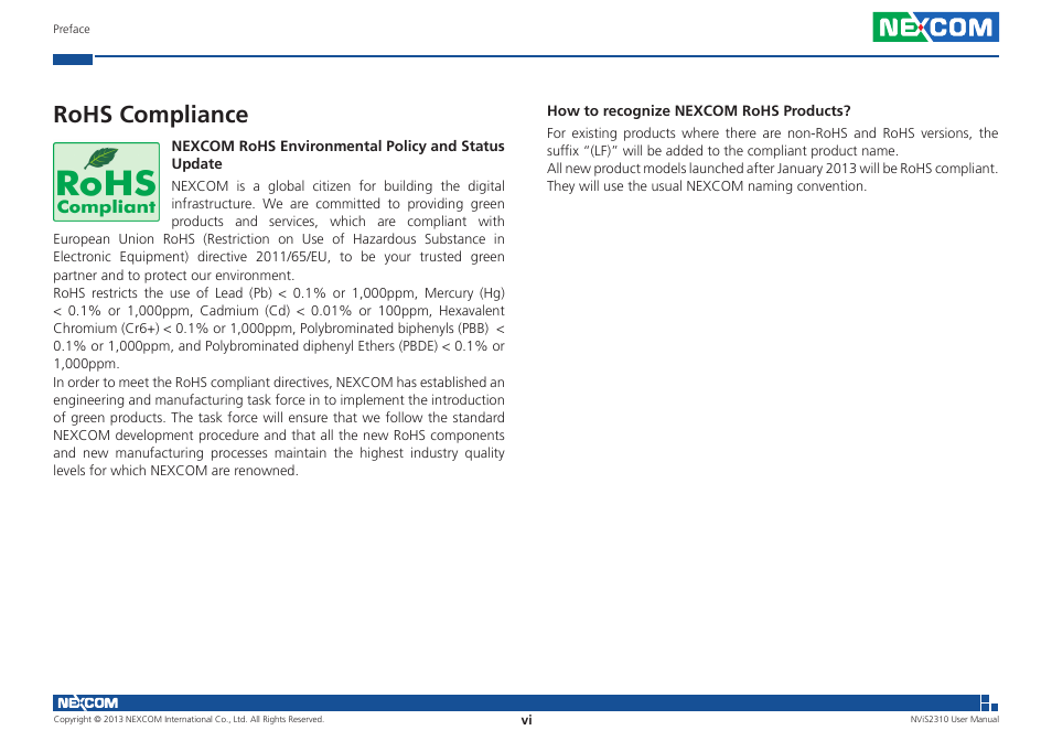 Rohs compliance | NEXCOM NViS 2310 User Manual | Page 6 / 105