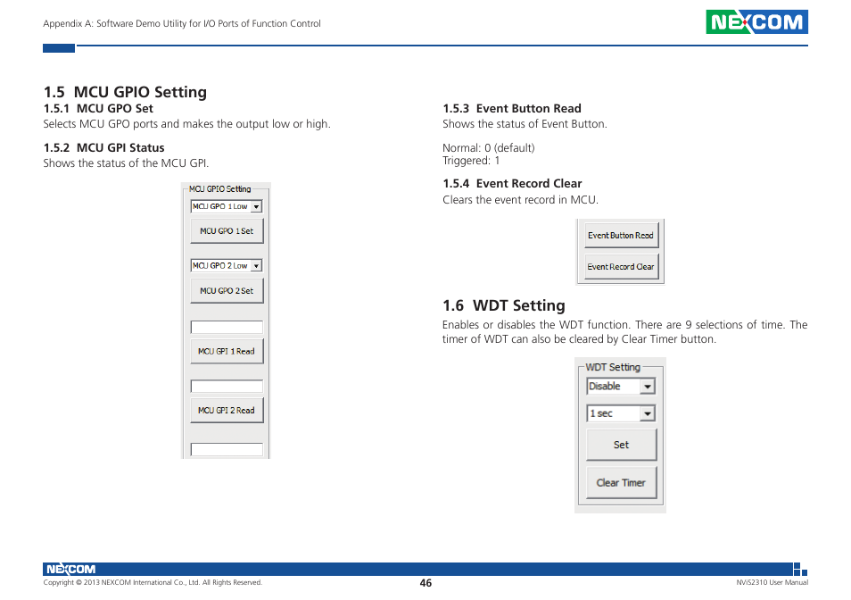 5 mcu gpio setting, 6 wdt setting | NEXCOM NViS 2310 User Manual | Page 60 / 105