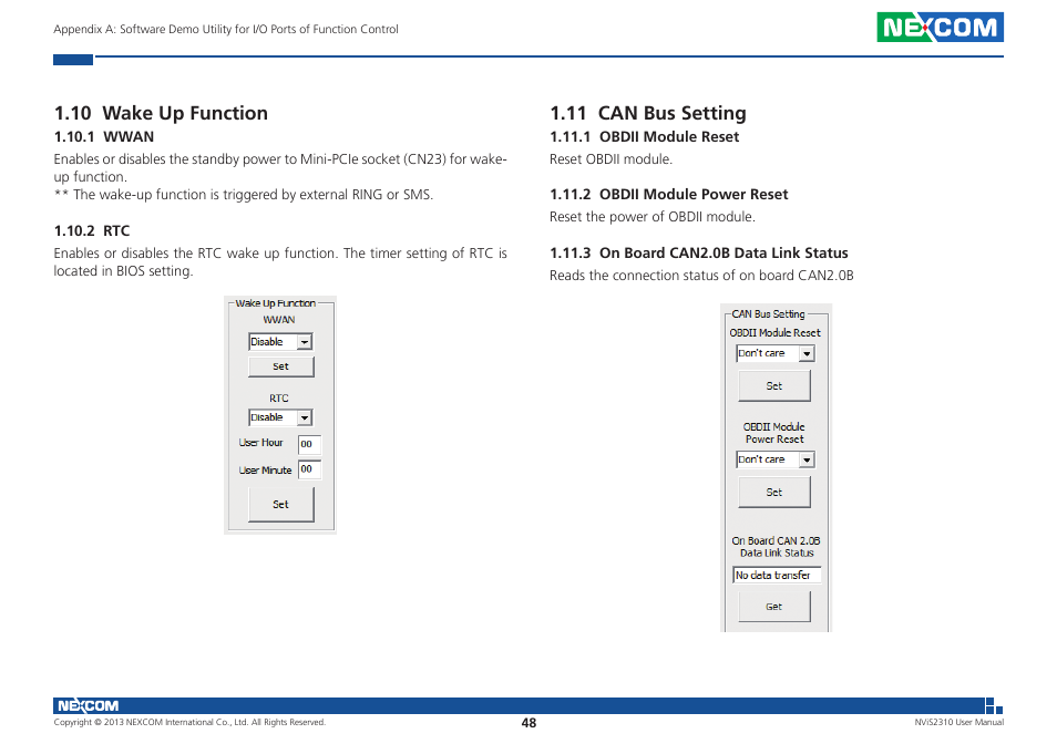 10 wake up function, 11 can bus setting | NEXCOM NViS 2310 User Manual | Page 62 / 105