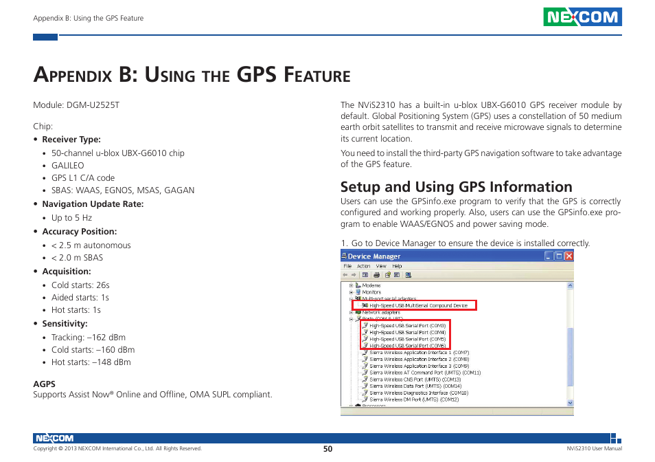 B: u, Gps f, Ppendix | Sing, Eature, Setup and using gps information | NEXCOM NViS 2310 User Manual | Page 64 / 105