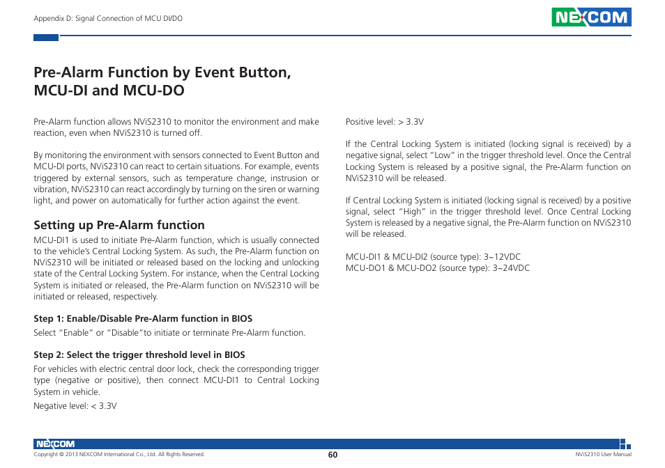 Setting up pre-alarm function | NEXCOM NViS 2310 User Manual | Page 74 / 105