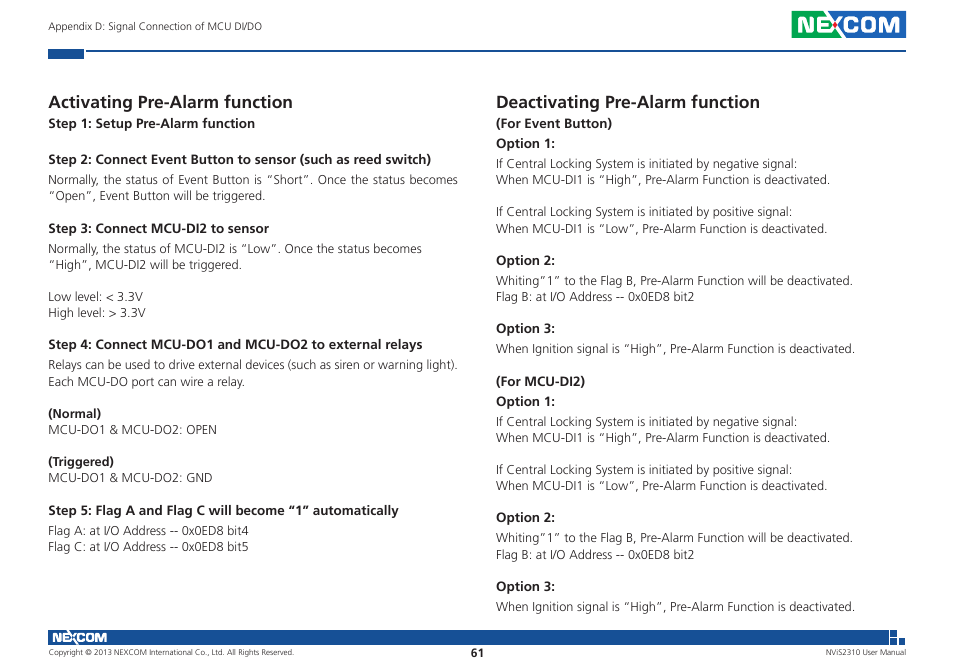 Activating pre-alarm function, Deactivating pre-alarm function | NEXCOM NViS 2310 User Manual | Page 75 / 105