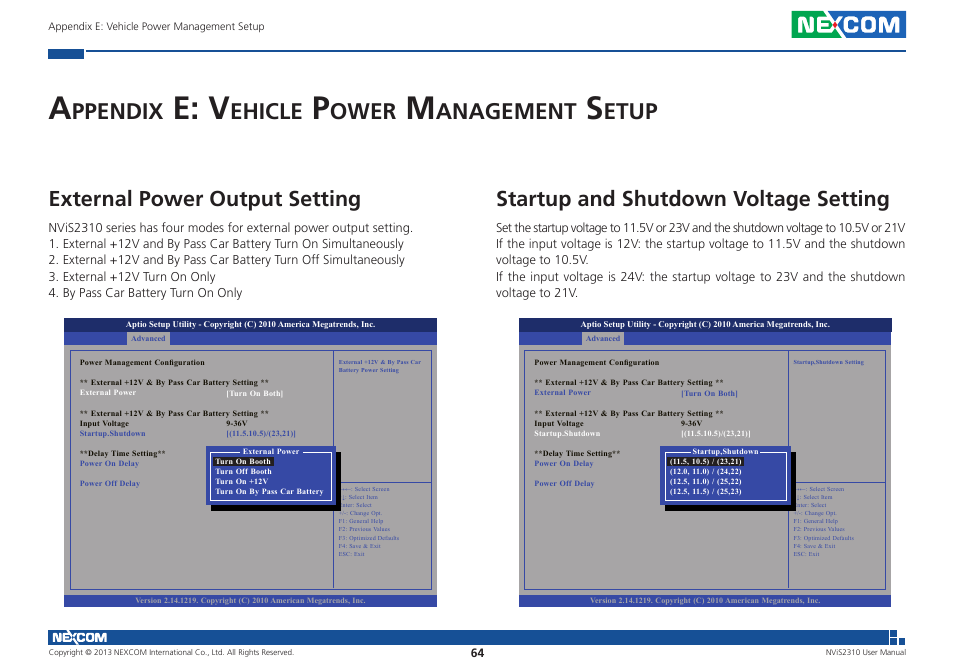 E: v, Ppendix, Ehicle | Ower, Anagement, Etup, External power output setting, Startup and shutdown voltage setting | NEXCOM NViS 2310 User Manual | Page 78 / 105