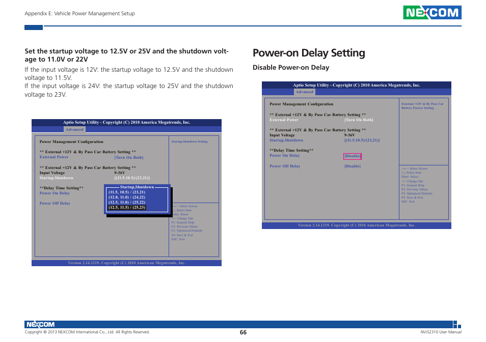 Power-on delay setting, Disable power-on delay | NEXCOM NViS 2310 User Manual | Page 80 / 105