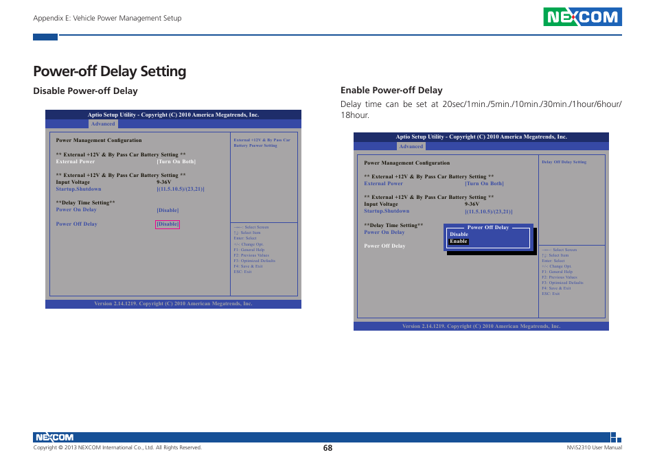 Power-off delay setting, Disable power-off delay, Enable power-off delay | NEXCOM NViS 2310 User Manual | Page 82 / 105